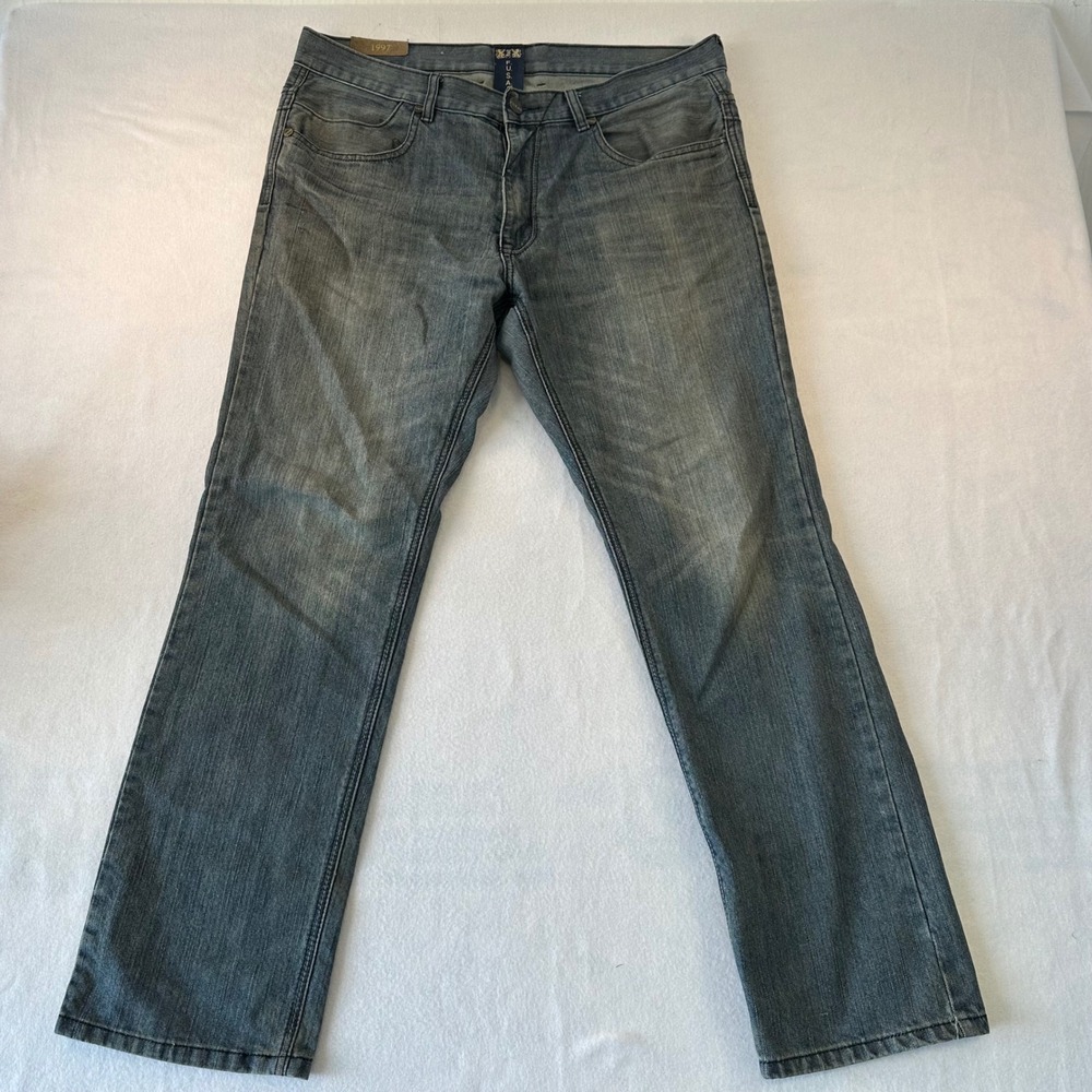 FUSAI 1997 Mens Straight Leg Blue Faded Denim Jeans Size 38x32 Vintage Wash